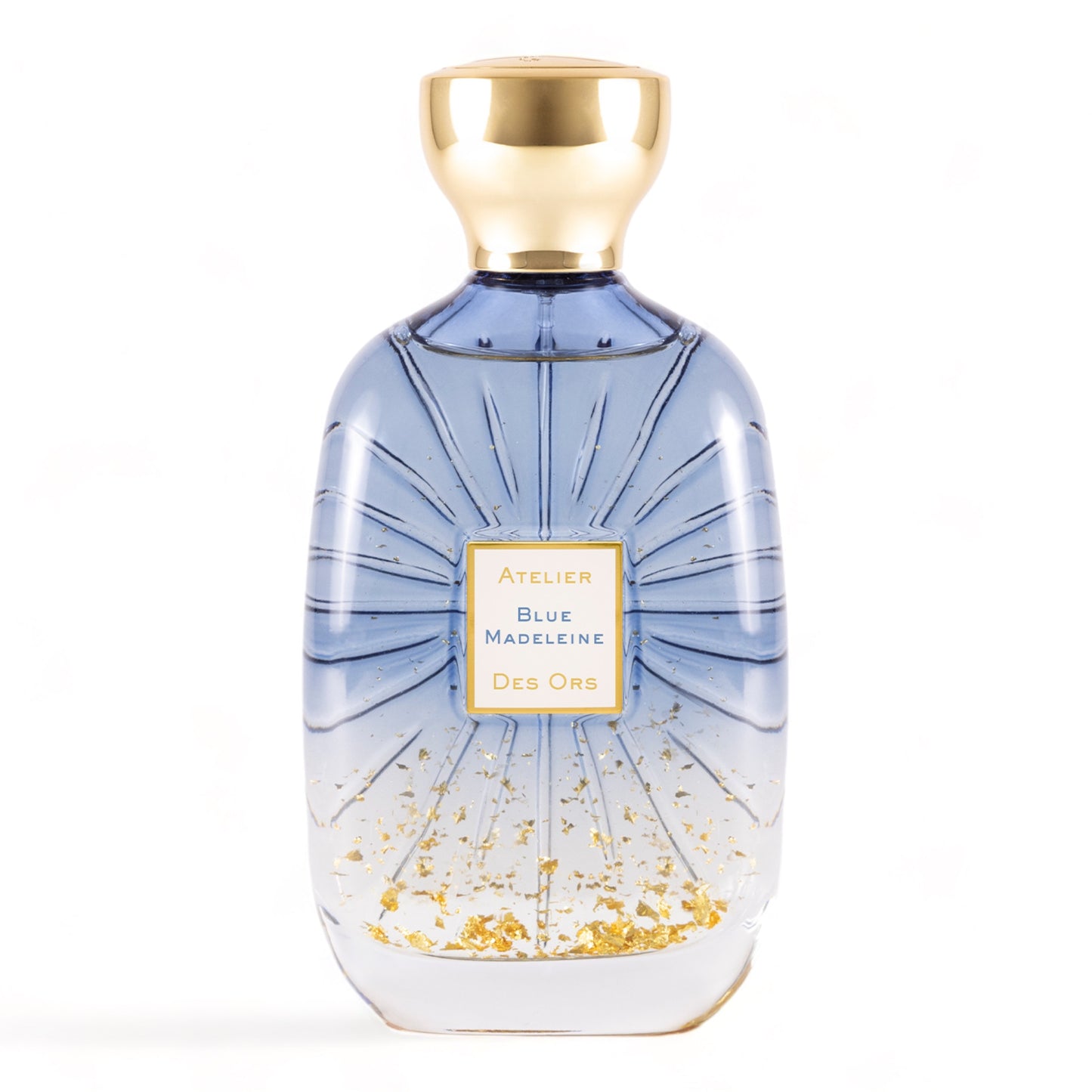 Atelier Des Ors Blue Madeleine fragrance sample – smoky gourmand perfume with praline, tea, and sandalwood. Pictured 100ml full-size bottle.