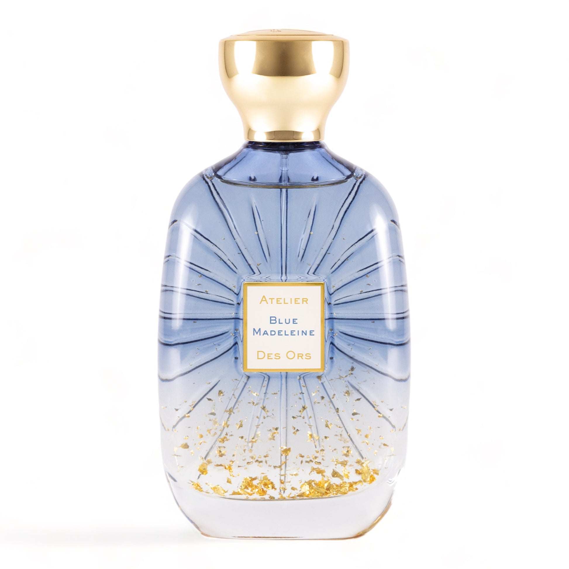 Atelier Des Ors Blue Madeleine fragrance sample – smoky gourmand perfume with praline, tea, and sandalwood. Pictured 100ml full-size bottle.