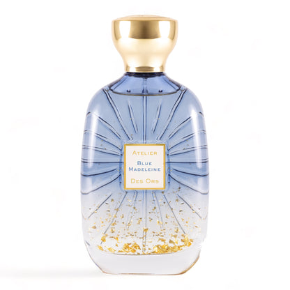 Atelier Des Ors Blue Madeleine fragrance sample – smoky gourmand perfume with praline, tea, and sandalwood. Pictured 100ml full-size bottle.