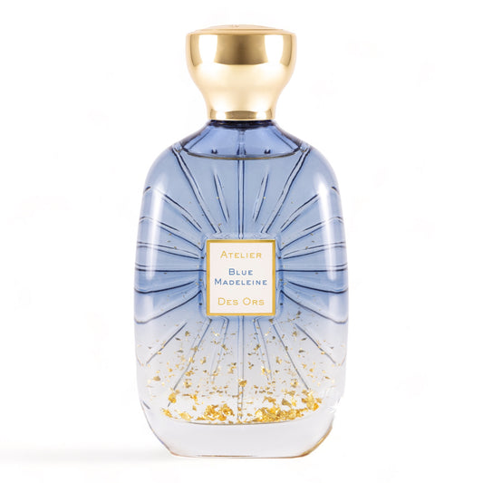Atelier Des Ors Blue Madeleine fragrance sample – smoky gourmand perfume with praline, tea, and sandalwood. Pictured 100ml full-size bottle.