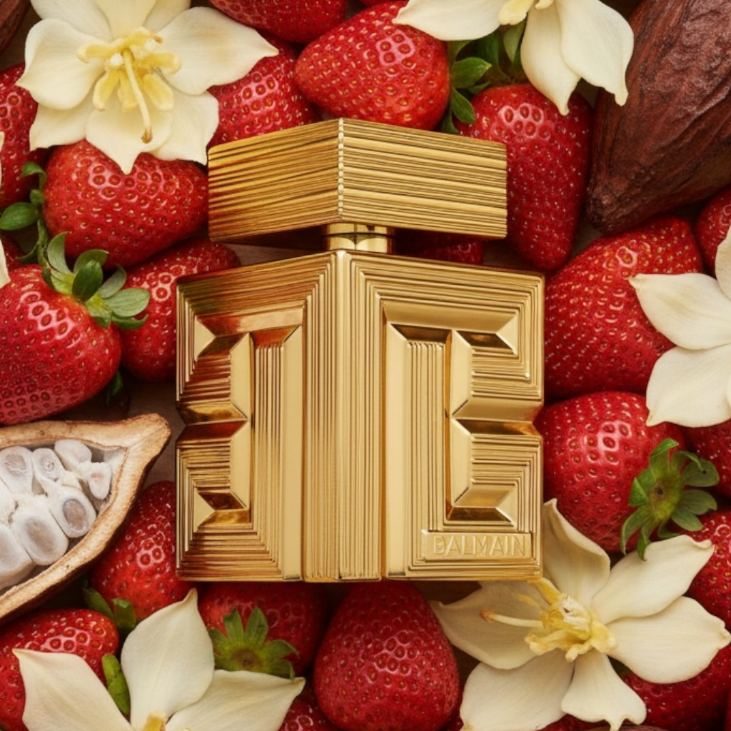 Balmain Destin de Balmain Parfum styled with ripe strawberries, peonies, champaca flowers and sandalwood