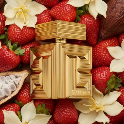 Balmain Destin de Balmain Parfum styled with ripe strawberries, peonies, champaca flowers and sandalwood