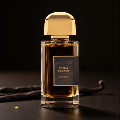 BDK Parfums Vanille Leather perfume sample – creamy vanilla, smoky leather, and white floral notes styled in a warm, sophisticated setting.