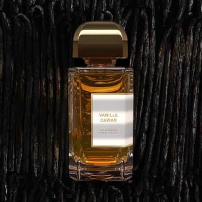BDK Parfums Vanille Caviar perfume sample – dark vanilla, cocoa, and amber resin notes styled in a moody, elegant black-toned setting.