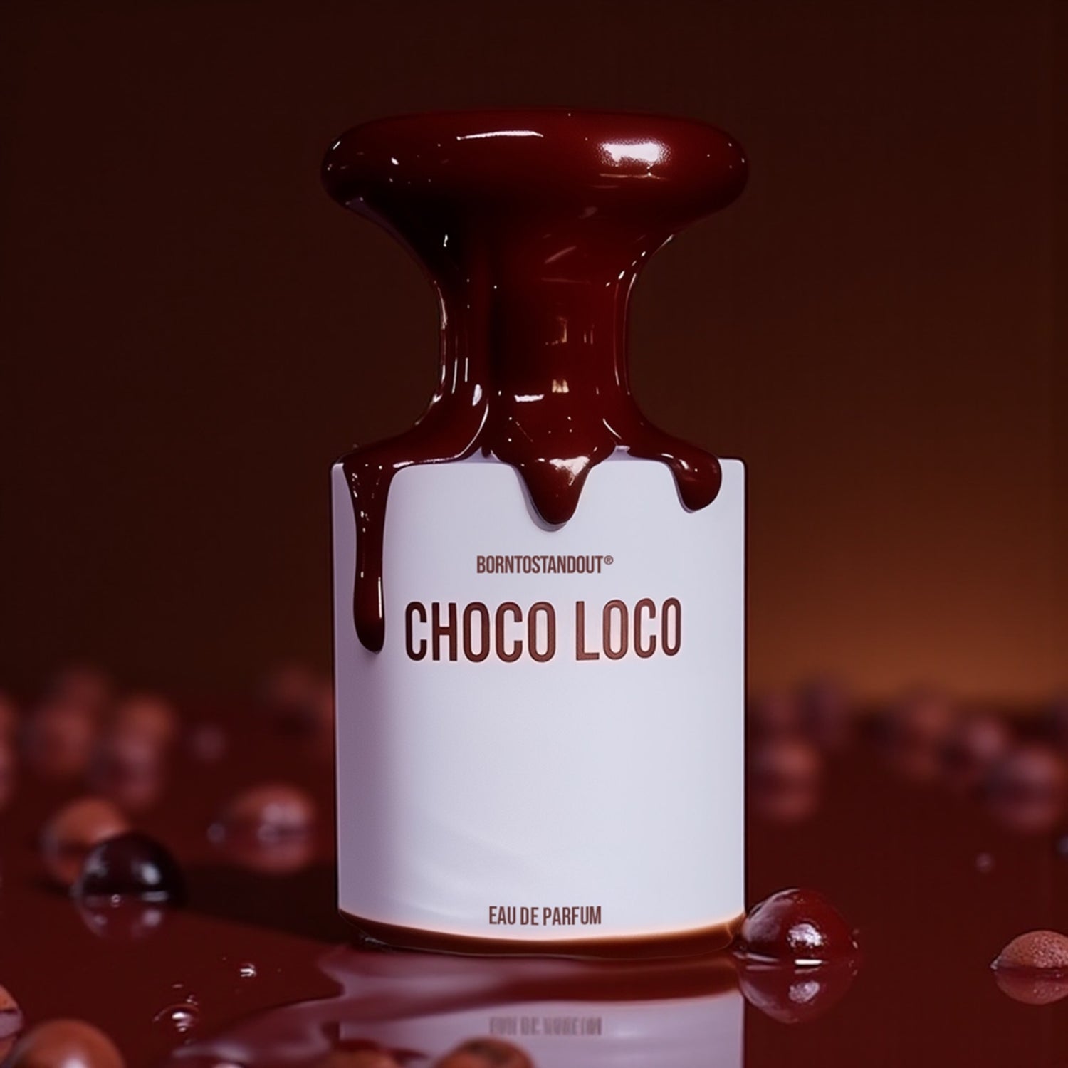 BORNTOSTANDOUT Choco Loco perfume sample – cocoa, caramel and marshmallow notes styled in a dark, molten gourmand setting.