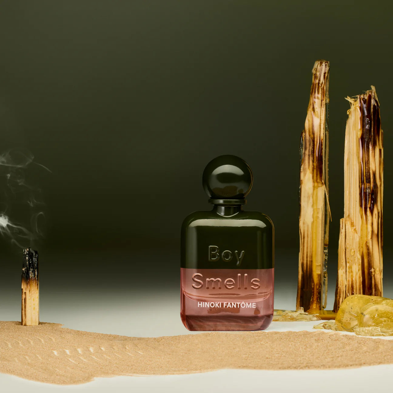 Boy Smells Hinoki Fantôme perfume styled in a dark, minimalist setting
