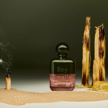 Boy Smells Hinoki Fantôme perfume styled in a dark, minimalist setting