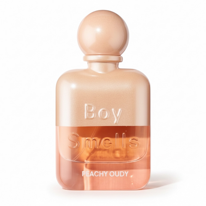 Boy Smells Peachy Oudy perfume bottle on white background