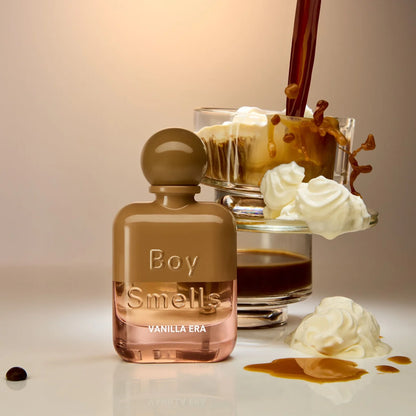 Boy Smells Vanilla Era perfume styled in a warm, modern setting
