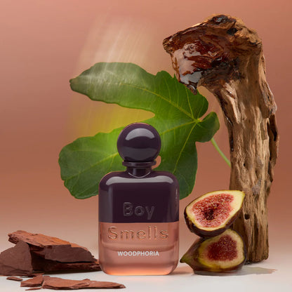Boy Smells Woodphoria perfume styled in a natural, sunlit setting