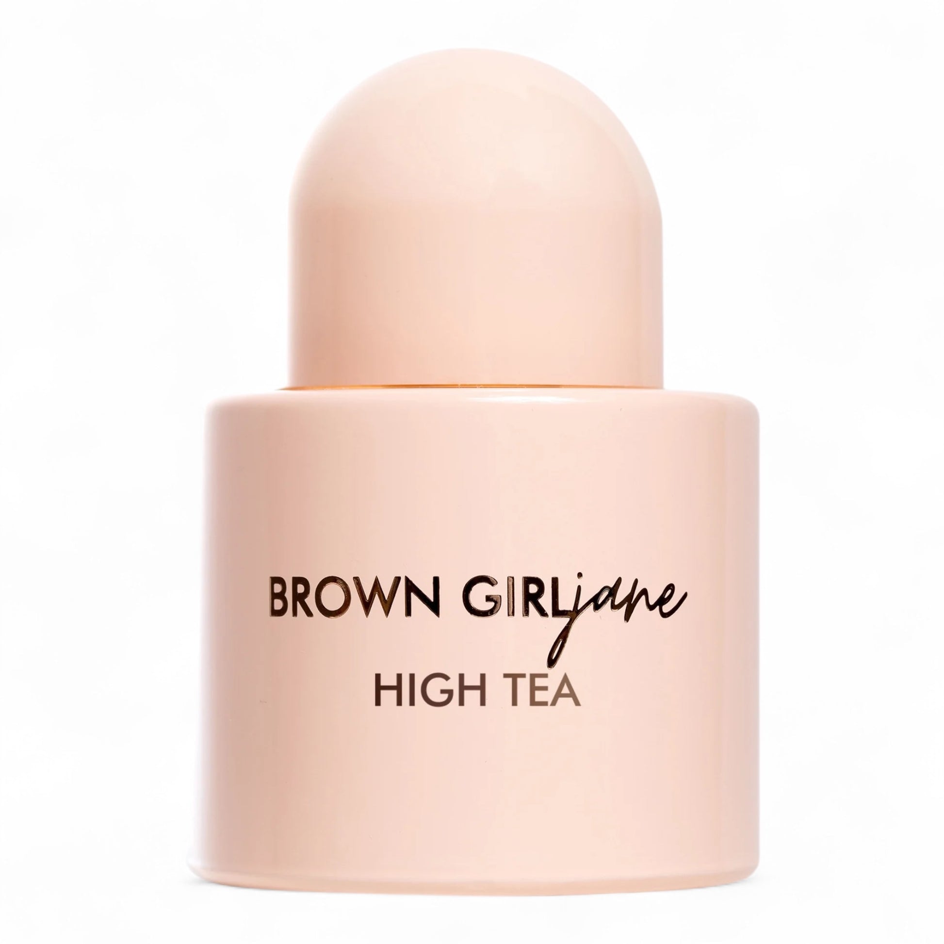 BROWN GIRL Jane High Tea fragrance sample – warm gourmand with pink chai, almond pastry, and sandalwood, pictured full 50ml bottle