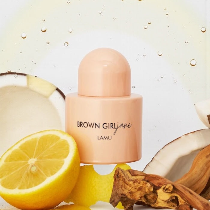 Brown Girl Jane Lamu perfume sample styled with sunlit beach tones to reflect its lemon and coconut water freshness.