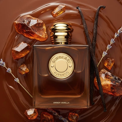 Burberry Goddess Amber Vanilla styled with vanilla pods, maple syrup and glowing amber light