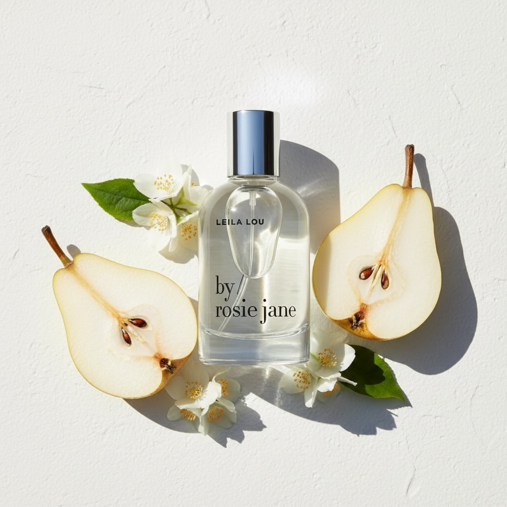 By Rosie Jane Leila Lou perfume styled with pears, jasmine and fresh greenery