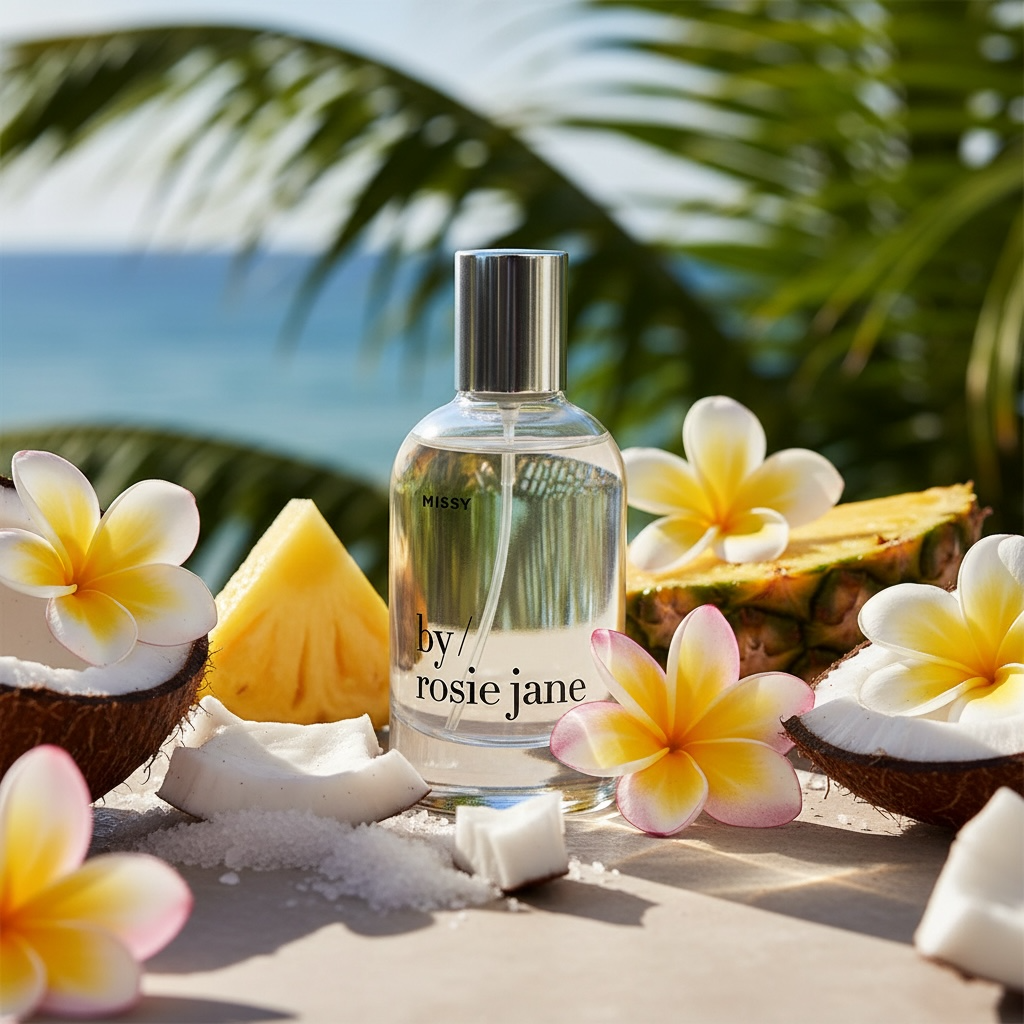 By Rosie Jane Missy perfume styled with pineapple, coconut and tropical flowers
