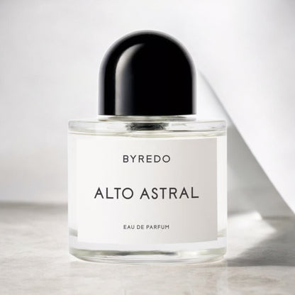 Byredo Alto Astral perfume sample – tropical coconut and salted amber scent styled in a clean, minimal luminous setting