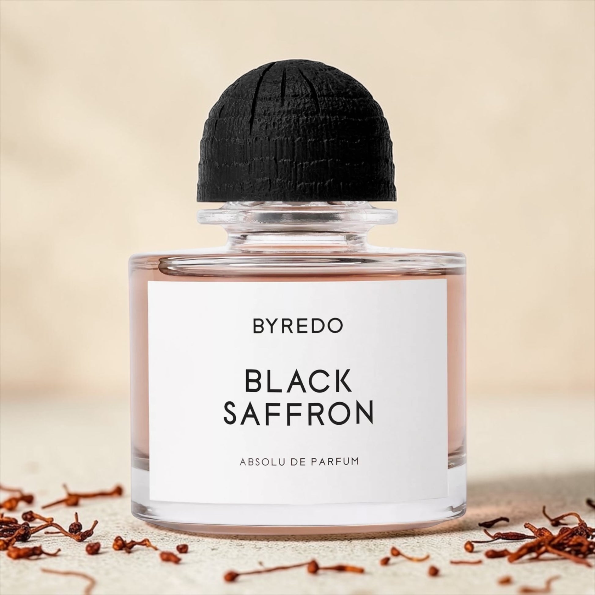 Byredo Black Saffron Absolu perfume styled in a dark elegant setting