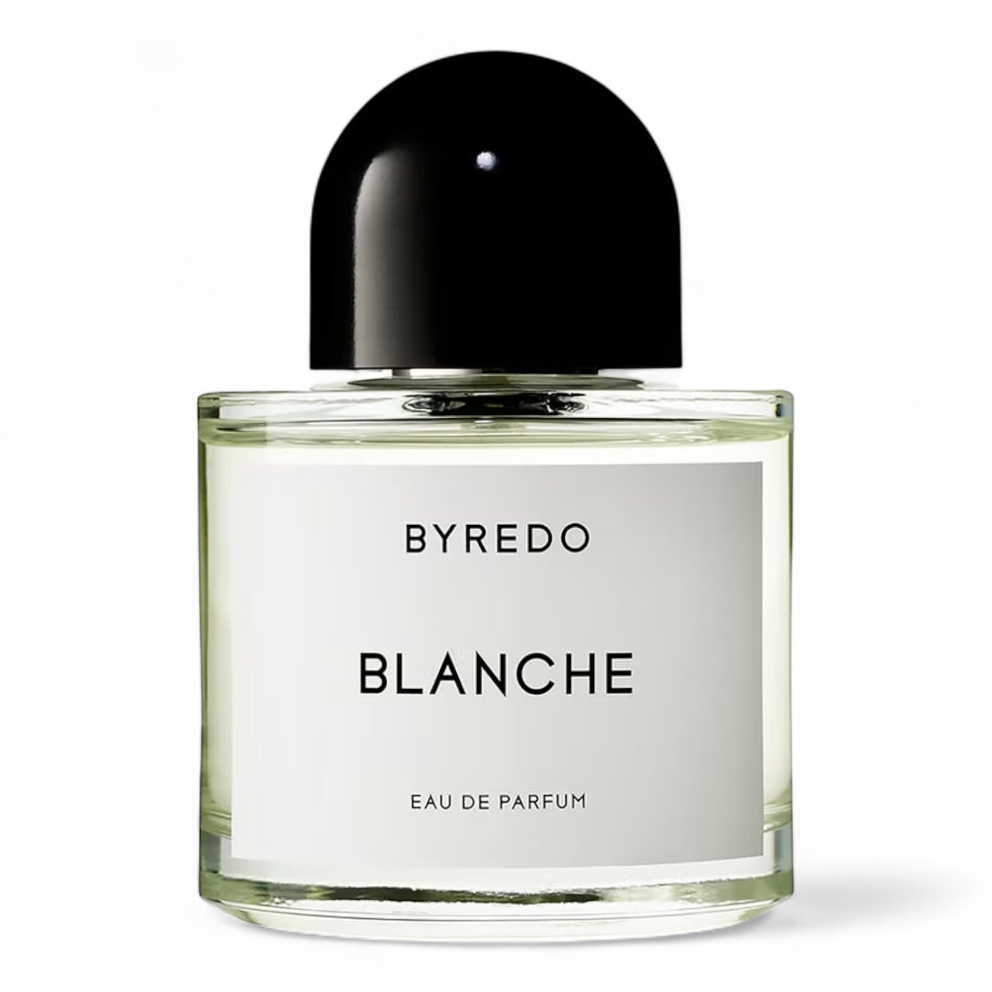 Byredo Blanche fragrance sample – a clean floral scent with rose, musk and sandalwood, shown in the full 100ml bottle.