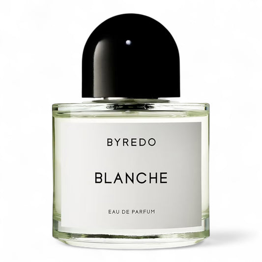 Byredo Blanche fragrance sample – a clean floral scent with rose, musk and sandalwood, shown in the full 100ml bottle.