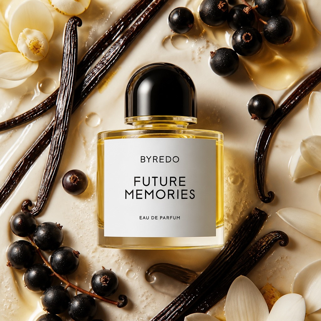 Byredo Future Memories styled with iris flowers, blackcurrants, vanilla and soft golden light