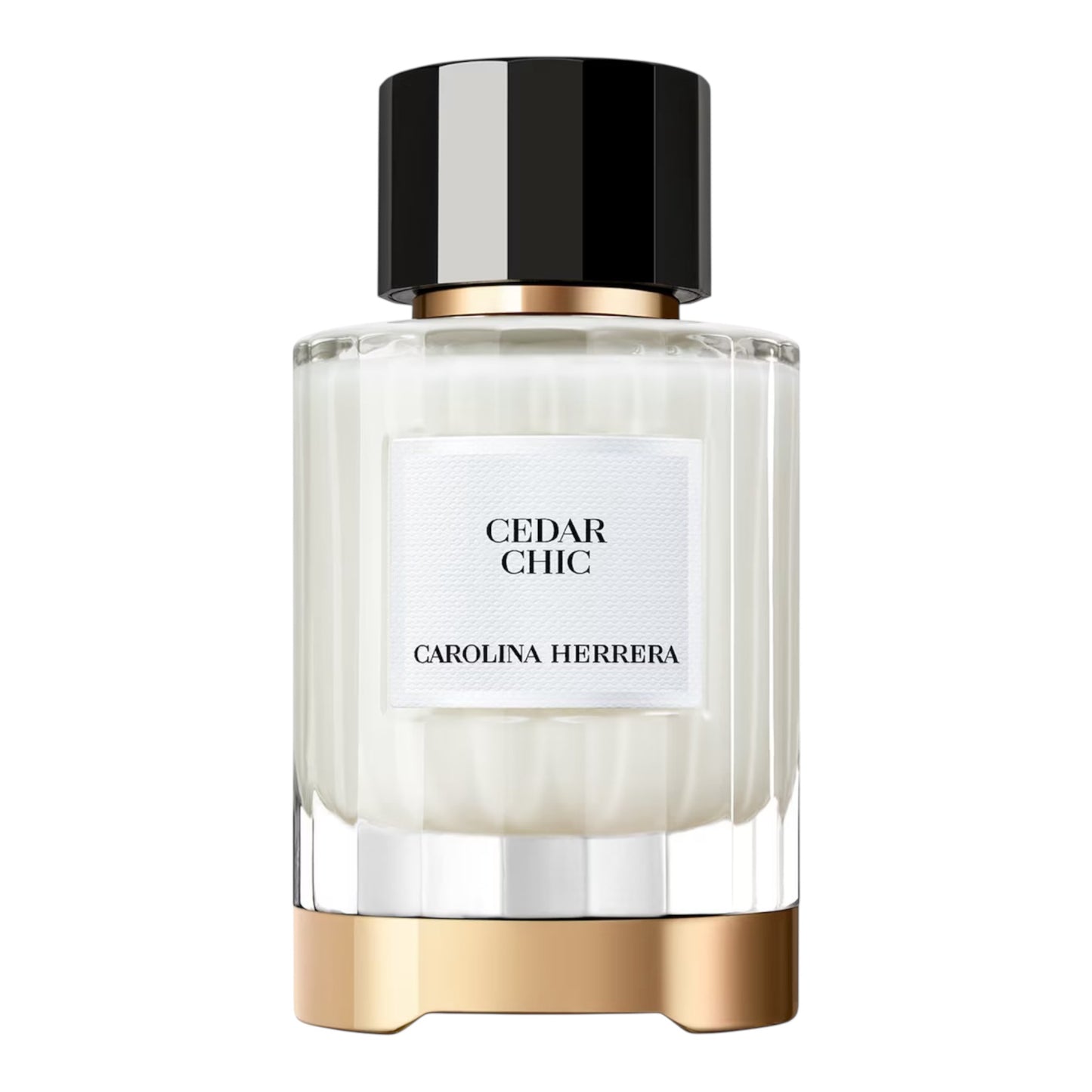 Carolina Herrera Cedar Chic perfume bottle on a white background