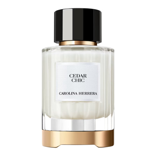 Carolina Herrera Cedar Chic perfume bottle on a white background
