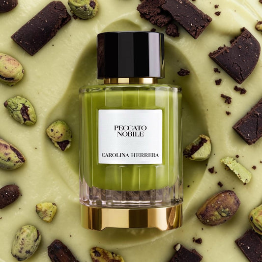 Carolina Herrera Peccato Nobile styled with pistachios, dark cocoa, vanilla and warm woods
