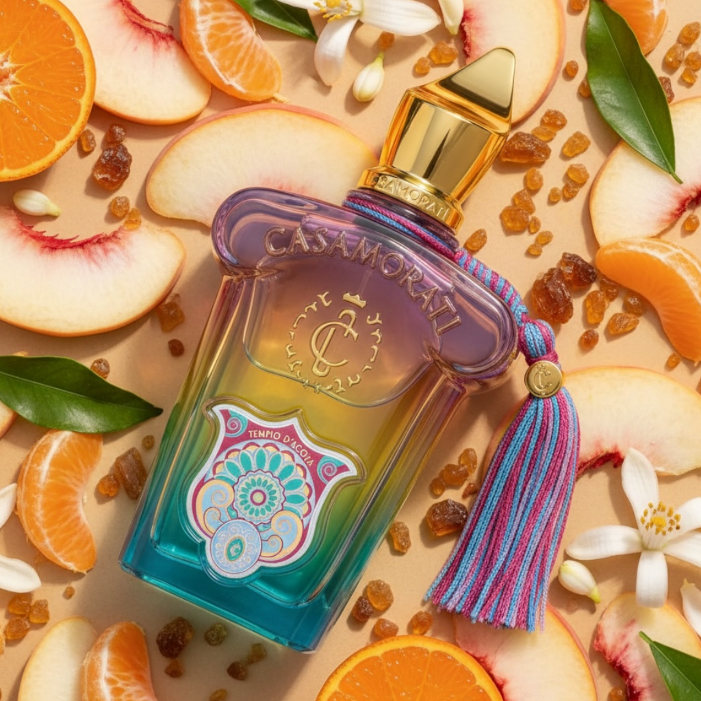 Casamorati 1888 Tempio d'Acqua perfume styled in a warm ambery and fruity setting