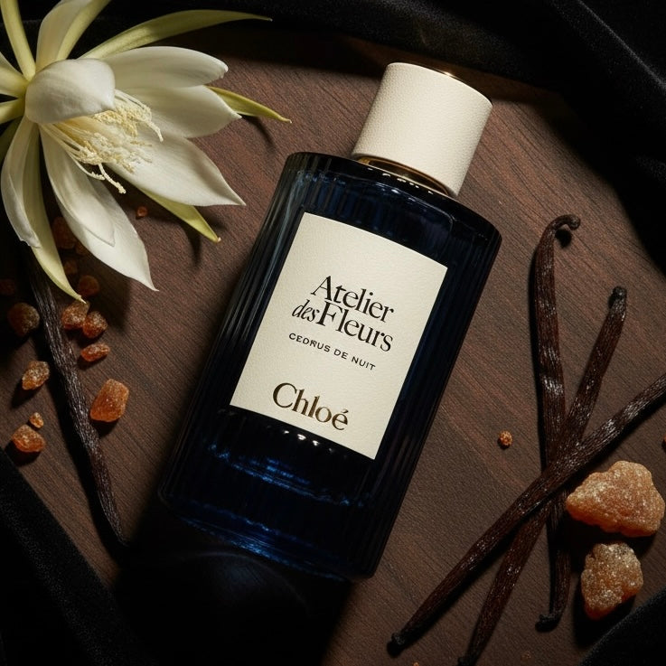 Chloé Cedrus de Nuit styled with night-blooming flowers, cedarwood, dark vanilla and benzoin resin
