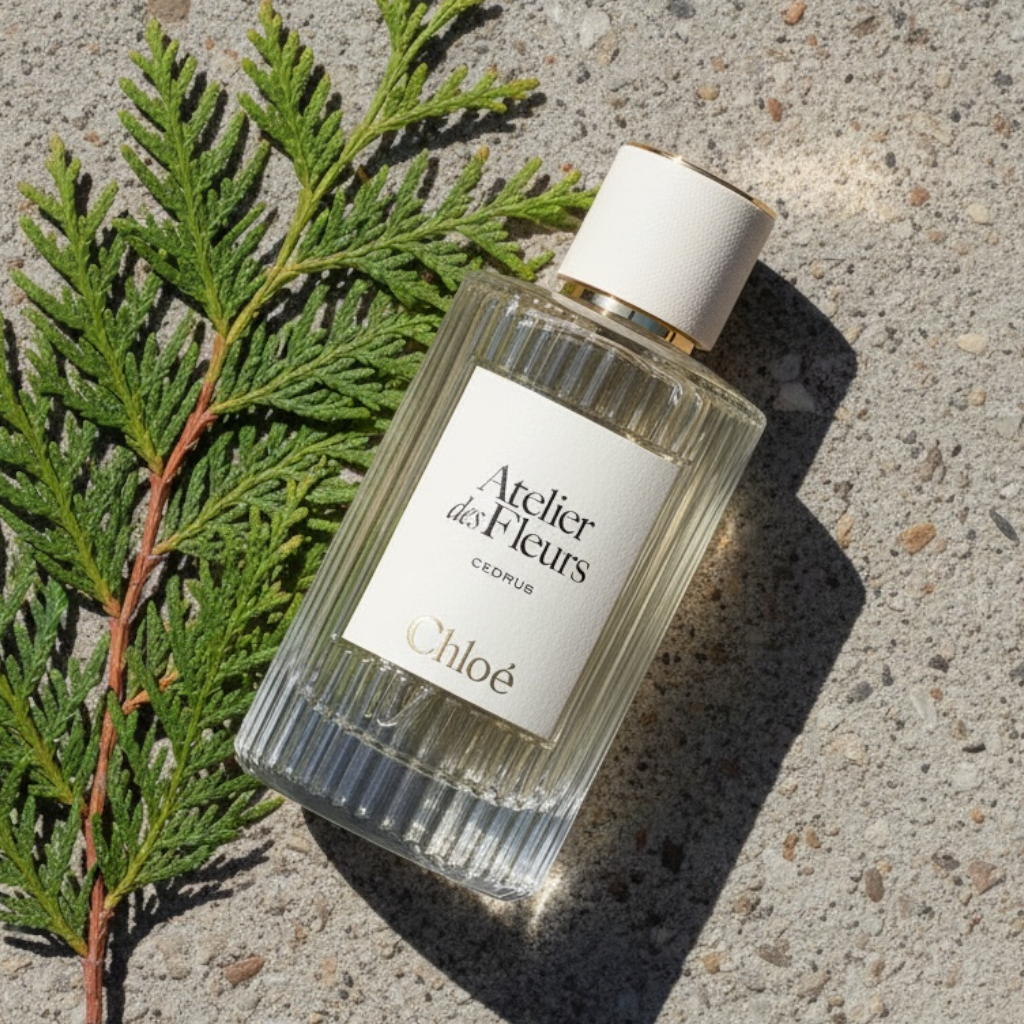 A bottle of Chloe Atelier des Fleurs Cedrus perfume lies diagonally on a textured gray concrete surface next to a green cedar branch. The bottle is made of ribbed clear glass with a white cap and a white label featuring black and gold lettering.