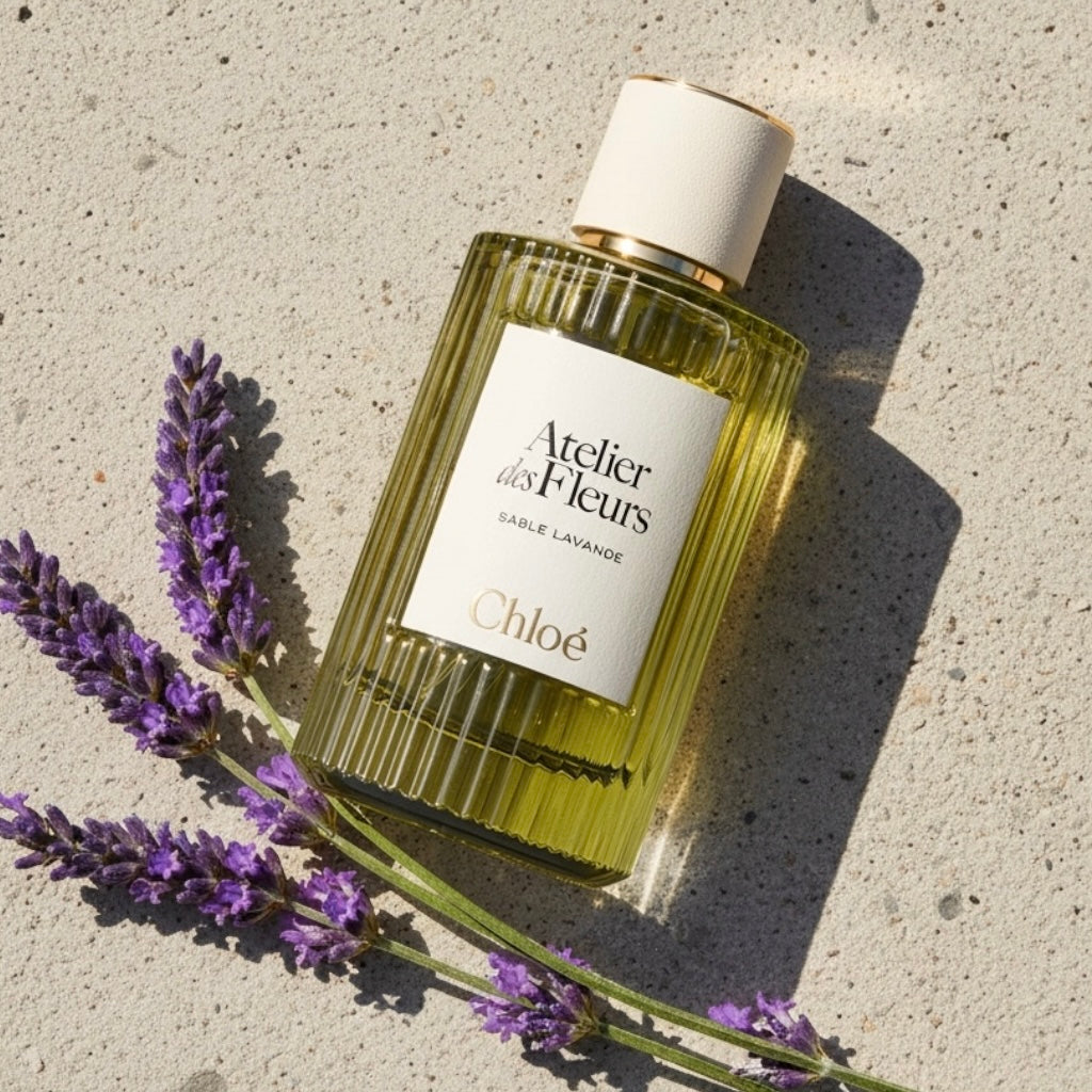 Chloé Sable Lavande styled with lavender, Mediterranean-inspired woods and soft floral accents