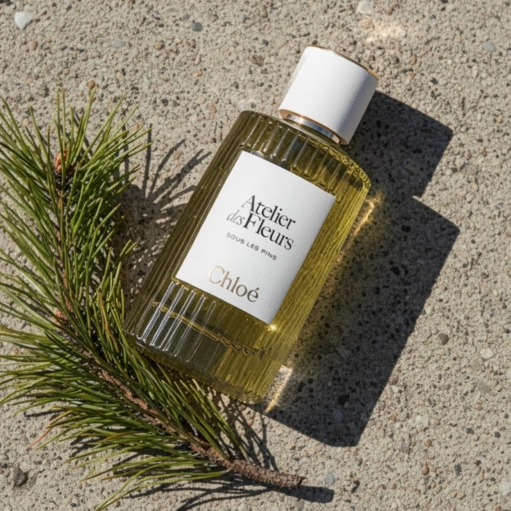 Chloé Sous les Pins styled with pine branches, eucalyptus and fresh green foliage