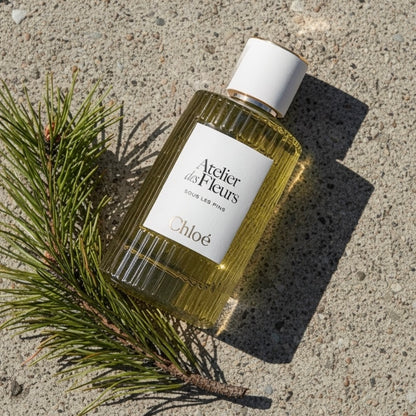 Chloé Sous les Pins styled with pine branches, eucalyptus and fresh green foliage