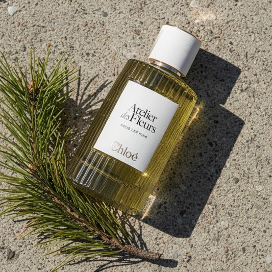 Chloé Sous les Pins styled with pine branches, eucalyptus and fresh green foliage