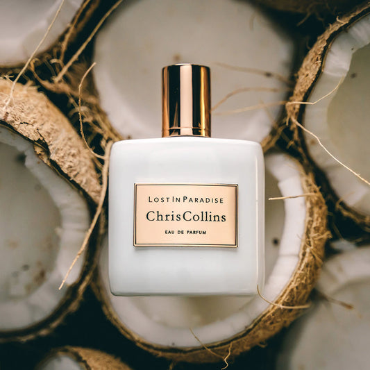 Chris Collins Lost In Paradise perfume styled in a tropical coconut setting