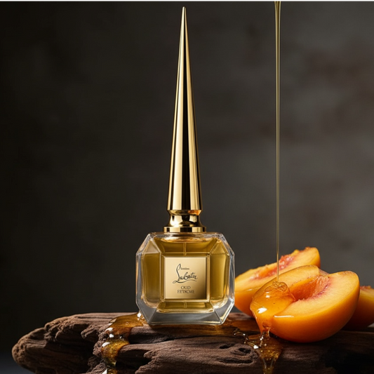 Christian Louboutin Oud Fétiche perfume styled in a bold, luxurious setting