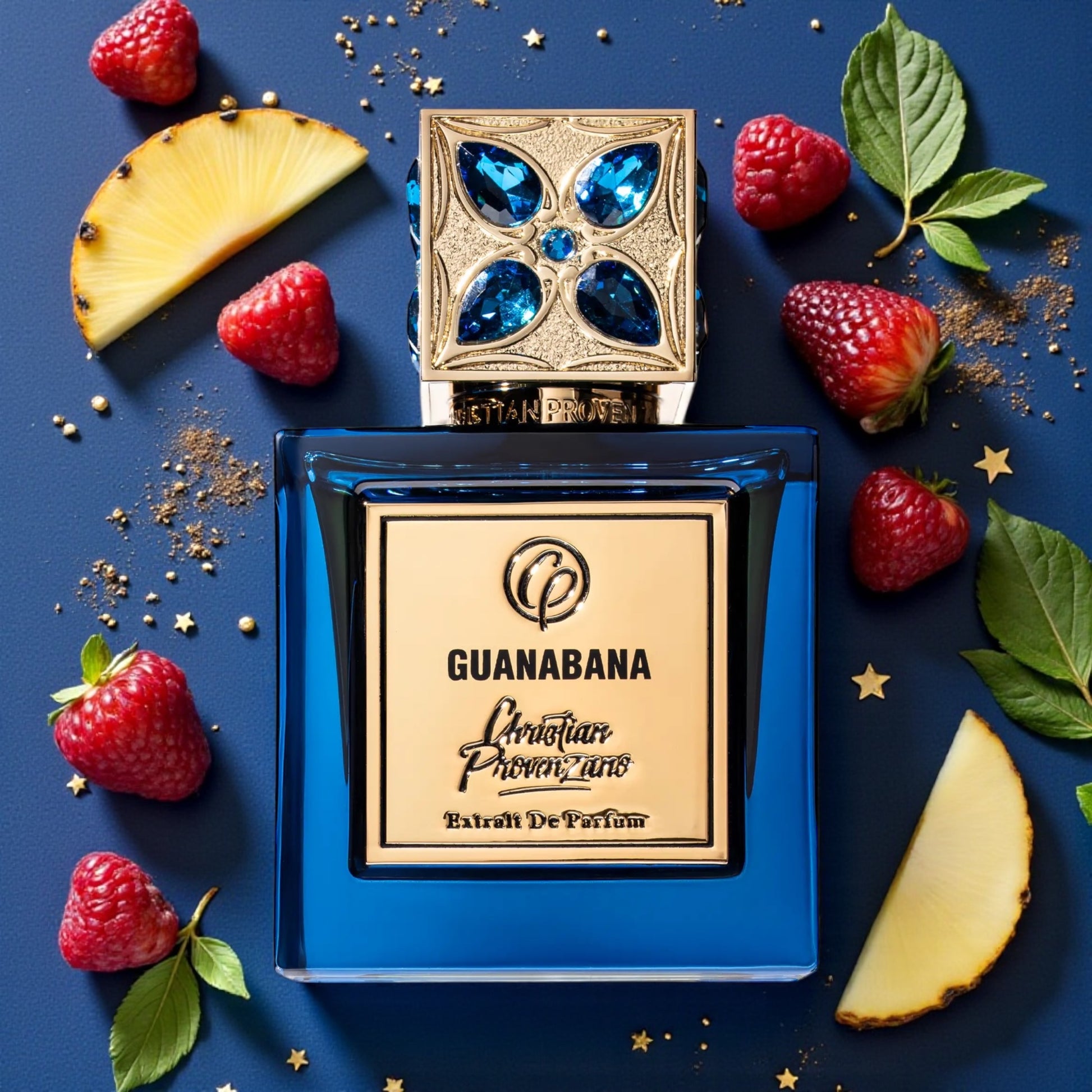 Christian Provenzano Guanabana perfume styled in a rich, exotic setting with spiced fruit