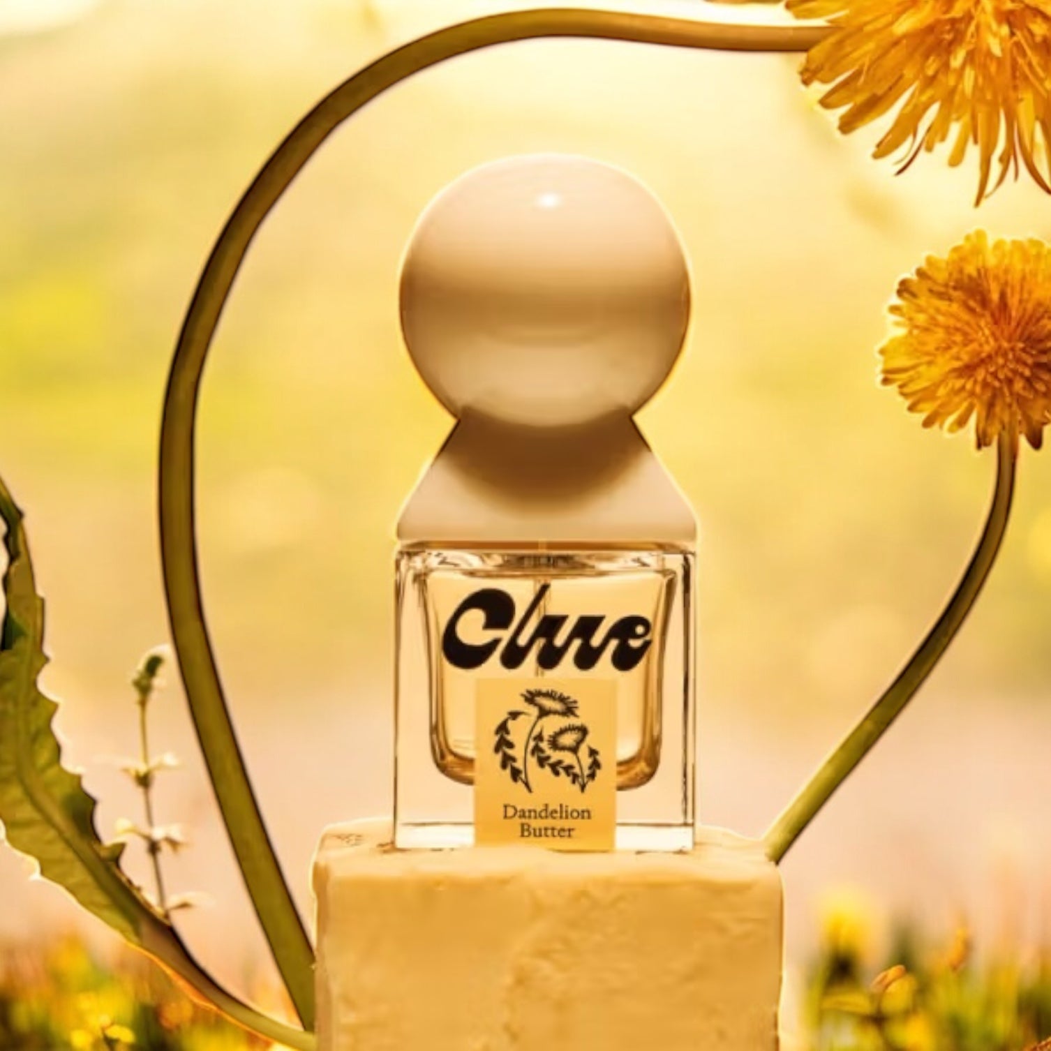 Clue Dandelion Butter perfume sample - whimsical summer fragrance styled with dandelions in a soft golden field