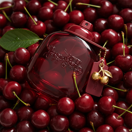 Coach Cherry perfume styled with ripe cherries
