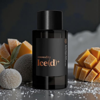 Commodity Iced Bold perfume sample styled in a cool bright setting to highlight its frozen mango, eucalyptus and spicy cardamom notes.