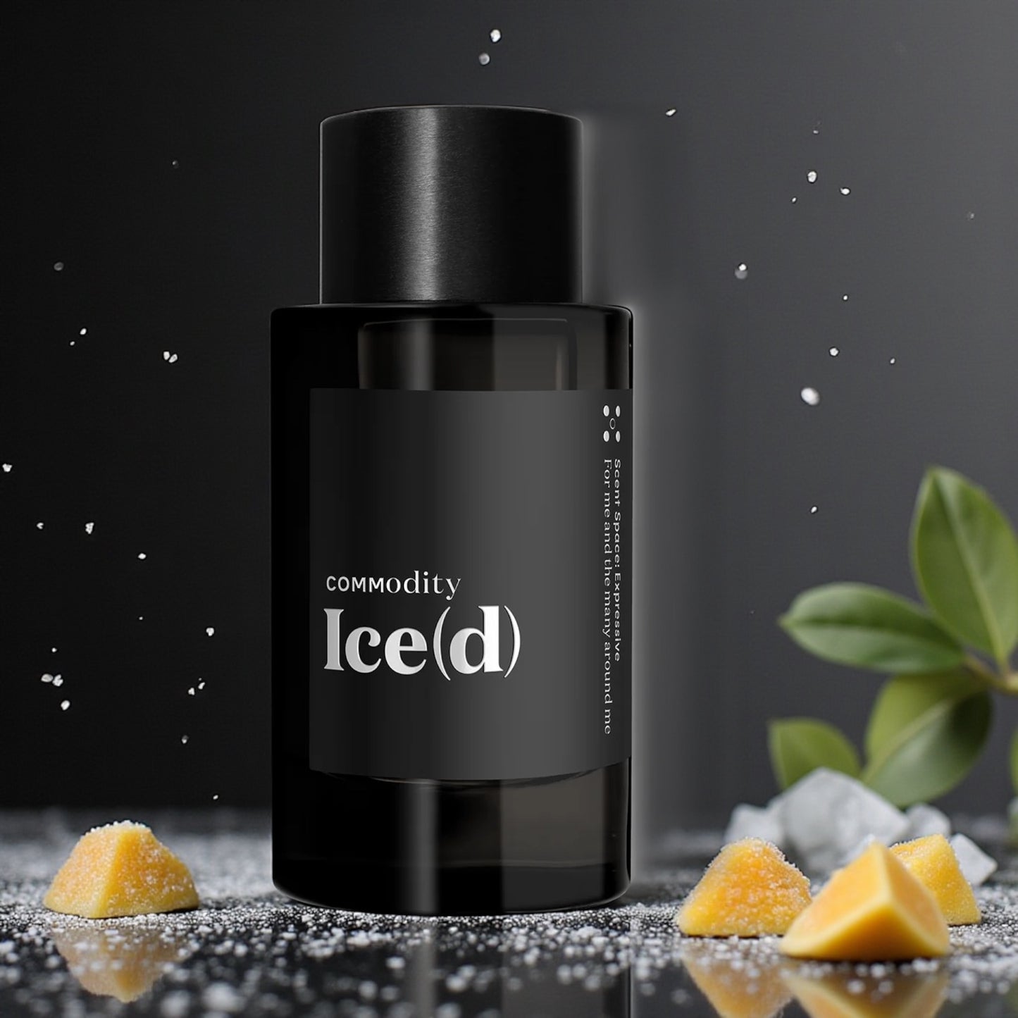 Commodity Iced perfume sample styled in a cool bright setting to highlight its frozen mango, mint and ginger notes.