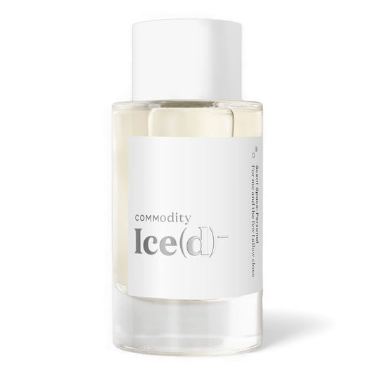 Commodity Iced Personal fragrance sample, a fresh aquatic fruity scent with frozen mango, spearmint and skin musk shown in retail bottle for decanting.