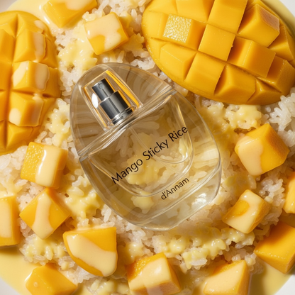 d’Annam Mango Sticky Rice perfume styled in a soft, tropical setting