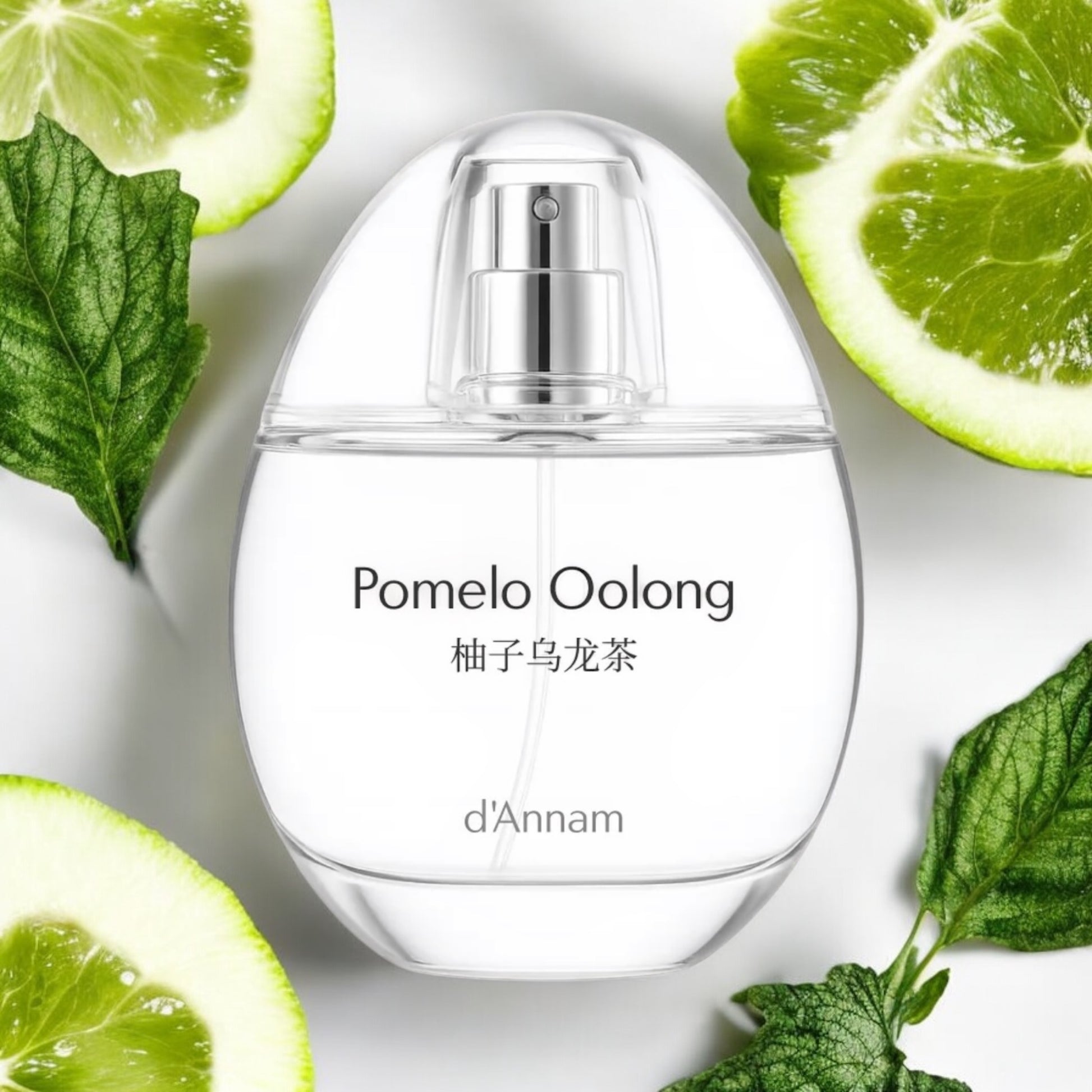 d’Annam Pomelo Oolong perfume sample – sparkling pomelo and oolong tea styled in a bright, refreshing lifestyle setting.
