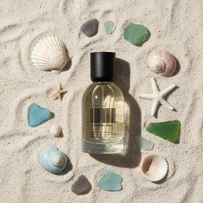 DedCool Mineral Milk perfume styled in a soft coastal setting