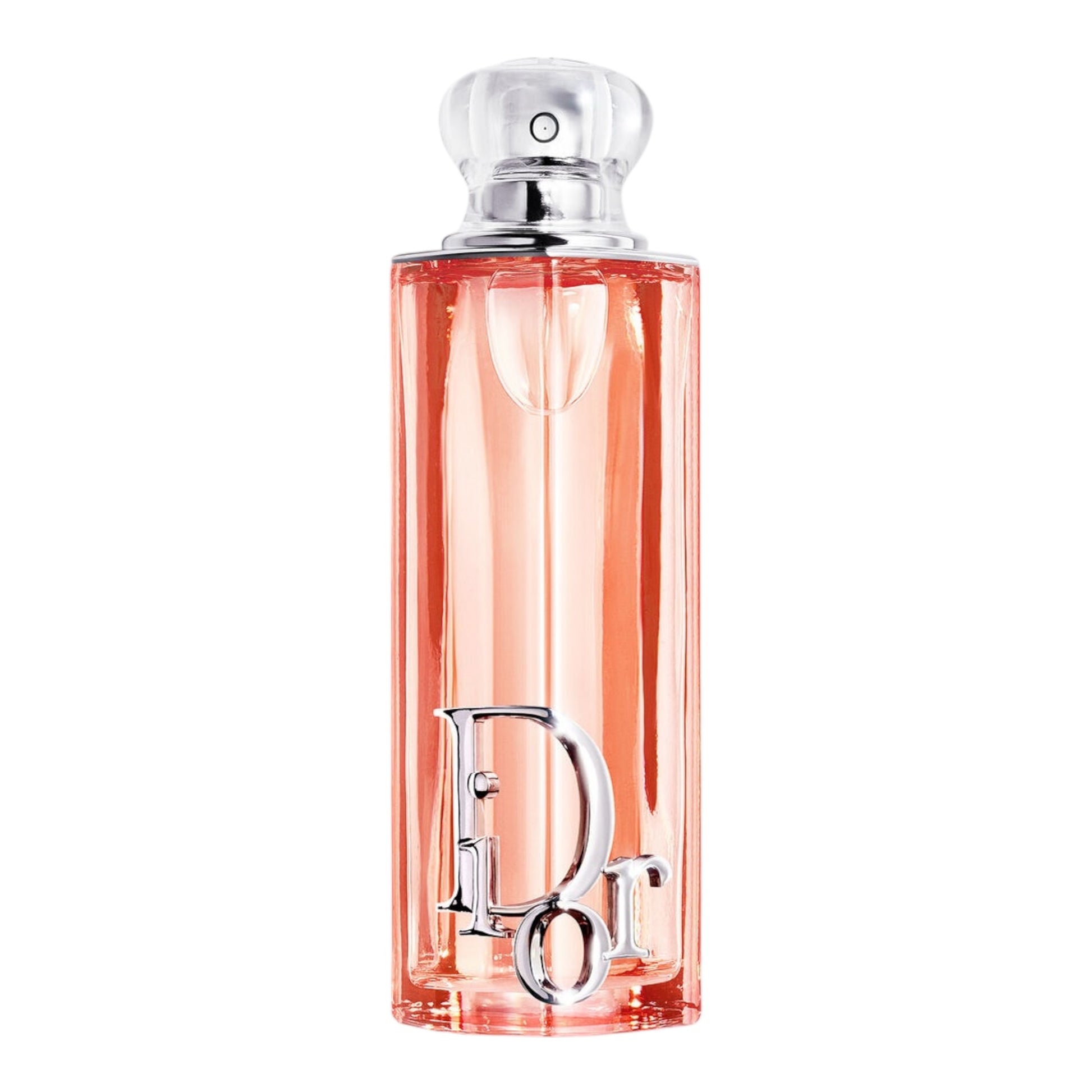 Dior Addict Peachy Glow perfume bottle on white background