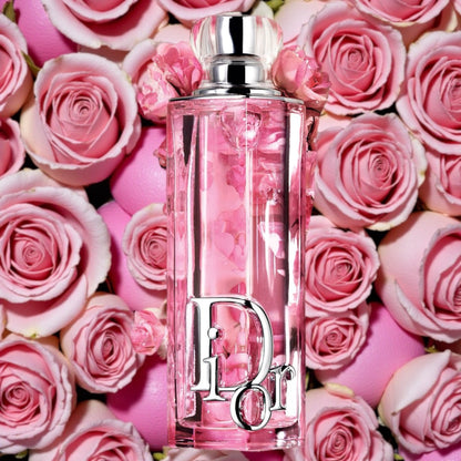 Dior Addict Rosy Glow perfume styled in a soft, radiant pink rose setting