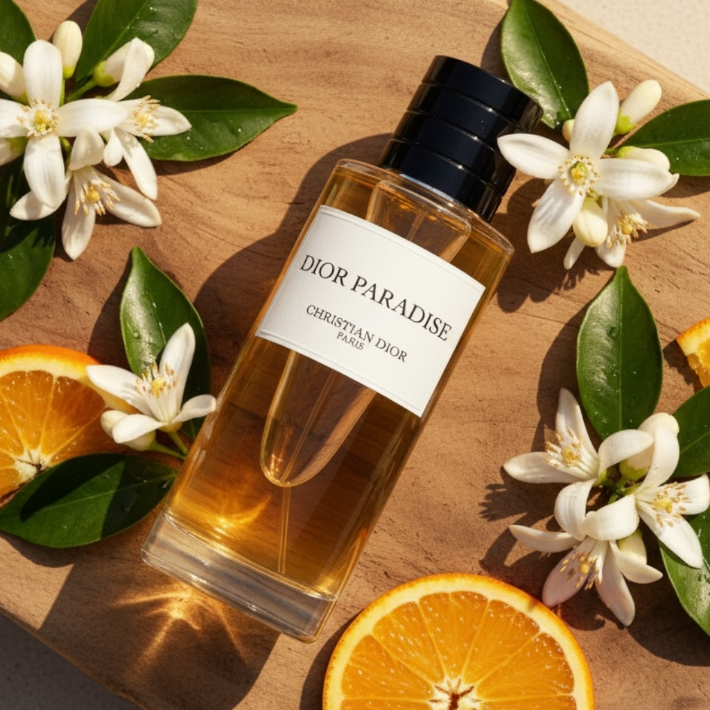 Dior Paradise fragrance styled in a sunlit Provençal setting with citrus and almond accents