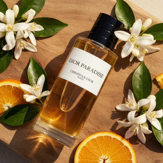 Dior Paradise fragrance styled in a sunlit Provençal setting with citrus and almond accents