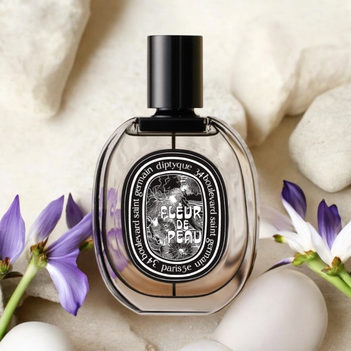 Diptyque Fleur de Peau sample - musk and iris perfume styled in a lifestyle setting